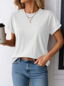 Camiseta casual de talla grande para mujer con estampado "Keep It 100" |   Texto en verde neón combinado con un diseño llamativo, camiseta casual de cuello redondo, adecuada para vestimenta informal, la tela tiene un ligero estiramiento, adecuada para todas las estaciones. 100% algodón. Duradera. - Blanco - Ver 2