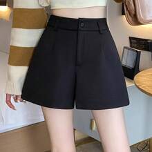 Shorts de Traje de Cintura Alta con Corte en A para Mujer, Negros, Casuales, de Pierna Ancha, Estilo Americano, para Primaver... - Negro - Ver 2