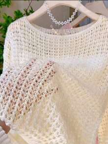 de punto transparente de manga larga, crop top de encaje para mujer, estilo casual - Albaricoque - Ver 6