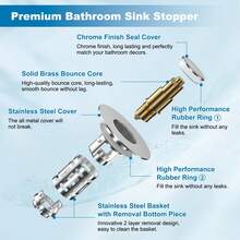 Upgraded 3-In-1 Bathroom Sink Drain, Universal Press-Down Pop-Up Stopper With Removable Stainless Steel Mesh Hair Catcher, Fits 1.1" To 2.36" Sinks, Brass Ball Core, Plated - Leak Plug - View 7