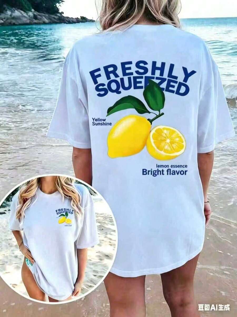 FRESHLY SQUEEZED Casual Lemon Vacation Atmosphere Graphic Oversized Round Neck Short Sleeve-Shirt WomenUnisex Casual-Shirts - 白色 - 查看 1