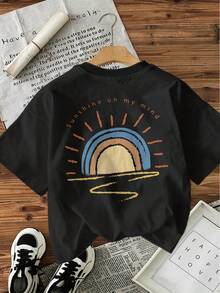 Short-Sleeved Round-Neck T-Shirt - "Sunshine In My Heart" Pattern Print, Vibrant Sun And Design Elements, Casual Top For Spring And Summer, Machine Washable, Leisurewear, Fun Design, For All Seasons. - Black - View 4