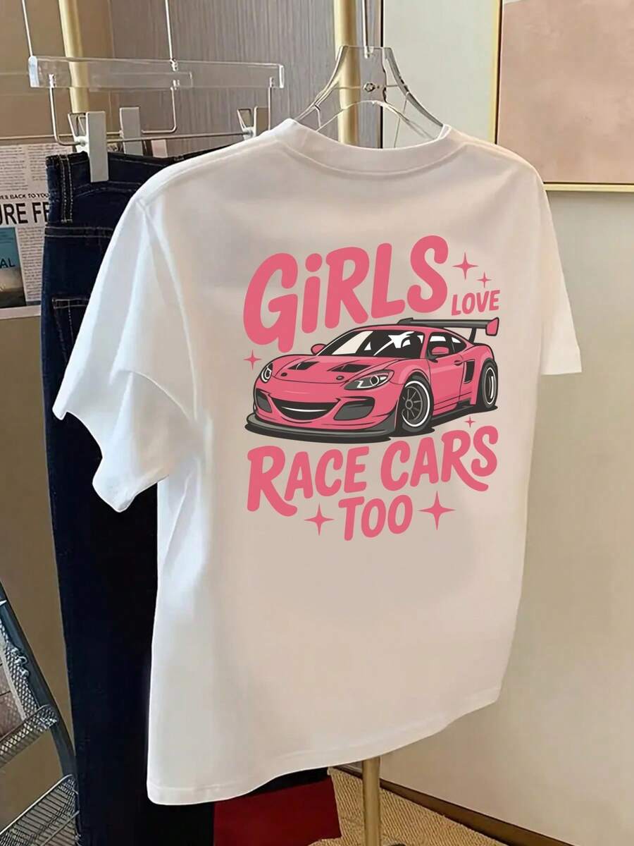Short-Sleeved T-Shirt With Front And Back Design - Love Race Cars, Featuring A Stylish Pink Car Print - A Spring And Summer T-Shirt For Women, A Fashionable Item. - 白色 - 查看 1