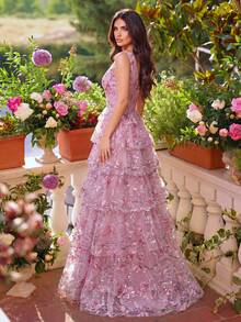 Faeriesty Đầm dự tiệc dài màu hồng thanh lịch không tay, cổ chữ V sâu, được trang trí bằng sequin lấp lánh, thích hợp cho đám cưới mùa xuân và các buổi tiệc ngoài trời trong kỳ nghỉ. - Hồng - Xem 2