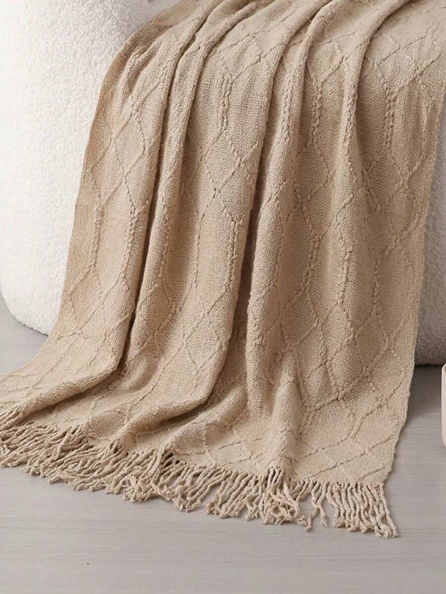 1pc Diamond Plaid Solid Color Knitted Blanket, Nordic Style Acrylic Rectangular Tassel Solid Color Sofa Cover Blanket, Bedding Decor Blanket, Nap Blanket, Knitted Blanket - Long Diamond-shaped Khaki - View 1