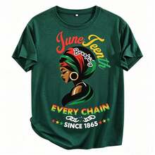 Women's Juneteenth Graphic T-Shirt - "Break Every Chain Since 1865" Design, Vibrant Geometric Print Short Sleeve Top, 100% Cotton Regular Fit For - 墨綠色 - 查看 5