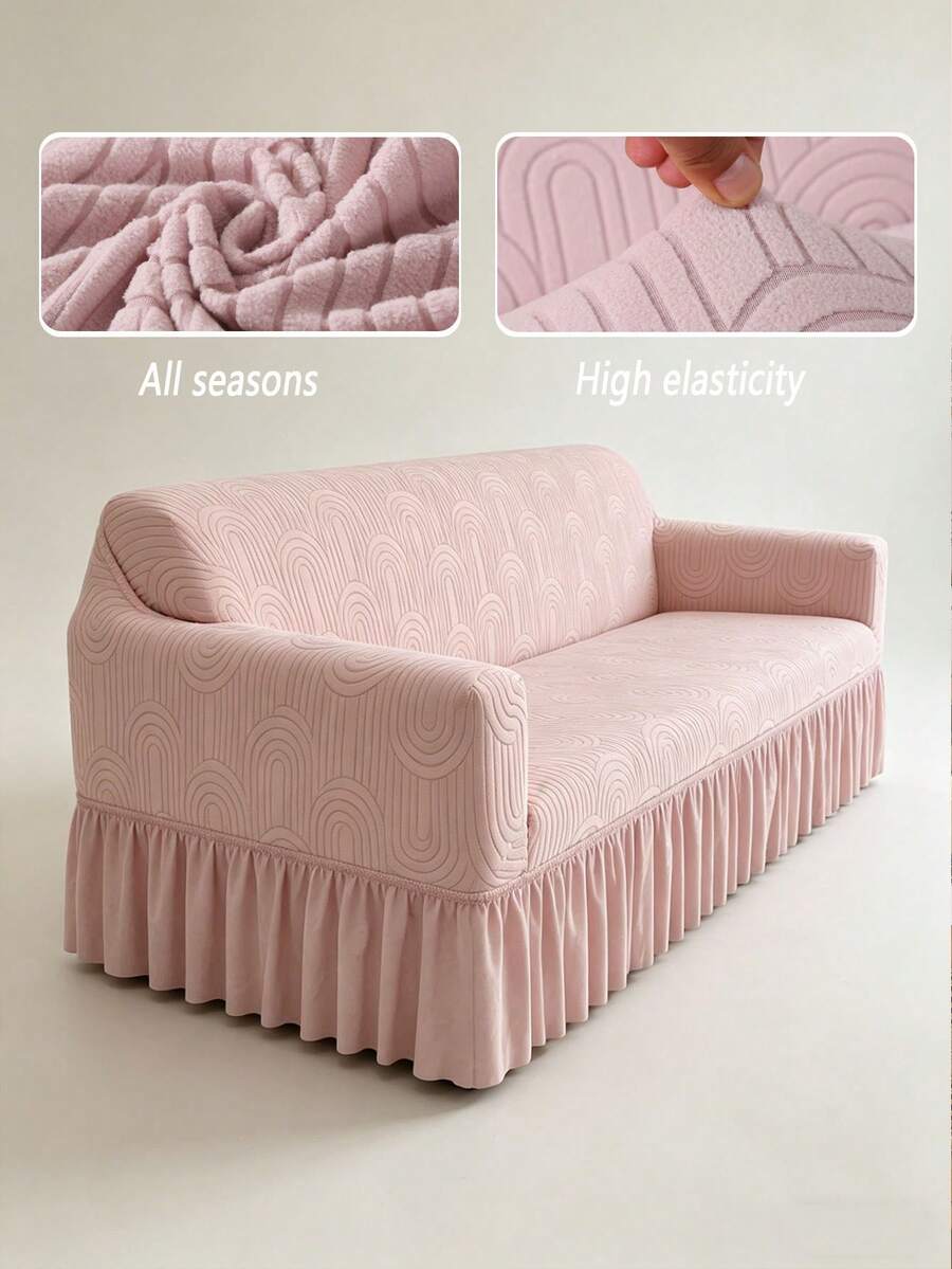 Sarung Sofa 3 Dudukan Beludru Jacquard Merah Muda dengan Rok Elastis, Serat Poliester Modern Minimalis, Cocok untuk Ruang Tamu dan Penggunaan di Rumah - Berwarna merah muda - View 1