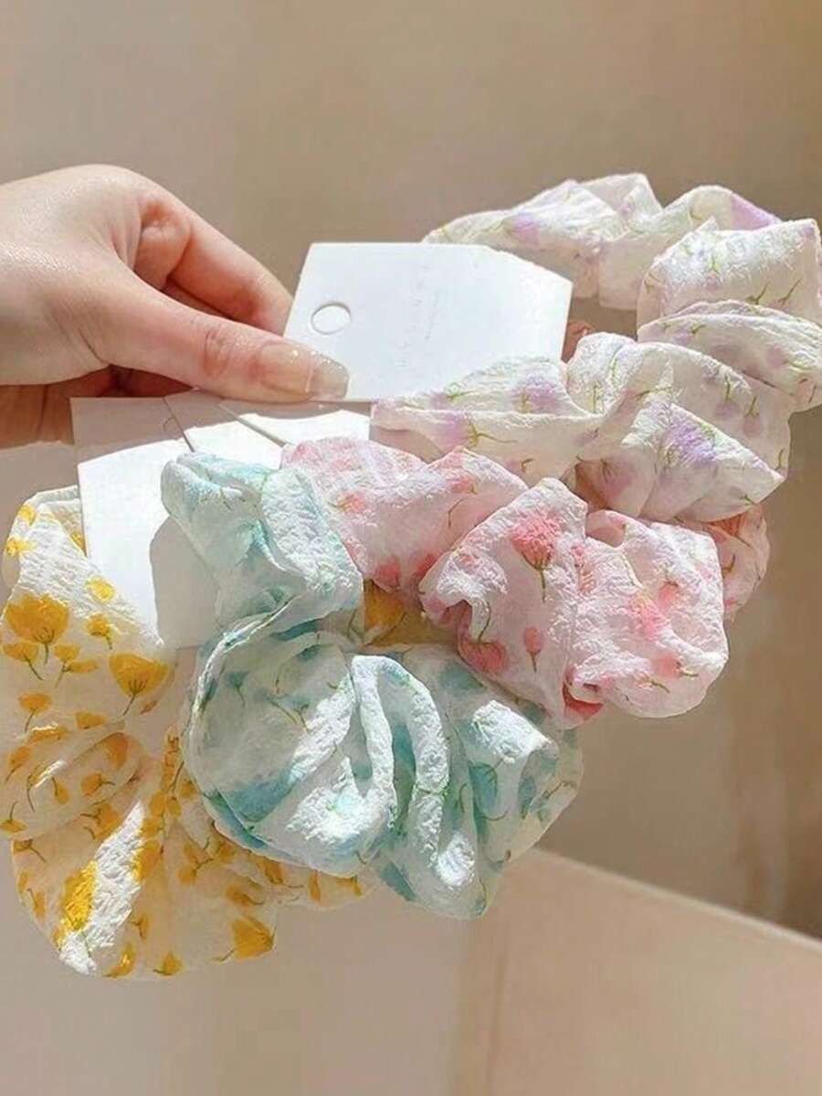 4入甜美鬱金香花刺繡髮圈,時尚髮帶、髮髻固定圈,高彈性髮飾 - 髮圈 - 查看 1