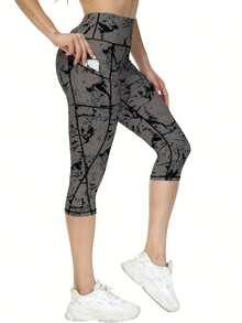 Leggings capri para mujer, pantalones de yoga de talle alto con bolsillos, negro suave para correr y hacer ejercicio - NegroGris - Ver 4