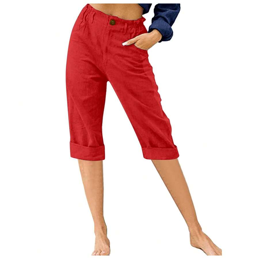Pantalones pitillo de cintura elástica para mujer, pantalón informal, ajustado y transpirable, estilo Retro, novedad de verano, 2024 - Rojo - Ver 1