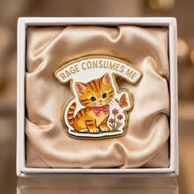 Funny Quirky Orange Cat Brooch, Creative Bow Tie Cat Shape English Slogan Brooch, Niche Design Versatile Casual Commute Outfit Accessory Decorative Brooch - A - View 2
