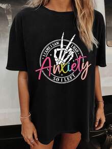 Women's Off-The-Shoulder Short-Sleeve T-Shirt With Skeleton Print: "I Came, I Saw, I Got Anxious, So I Left." Casual Spring And Summer Off-The-Shoulder Short-Sleeve T-Shirt, Women's Clothing - 黑色 - 查看 1