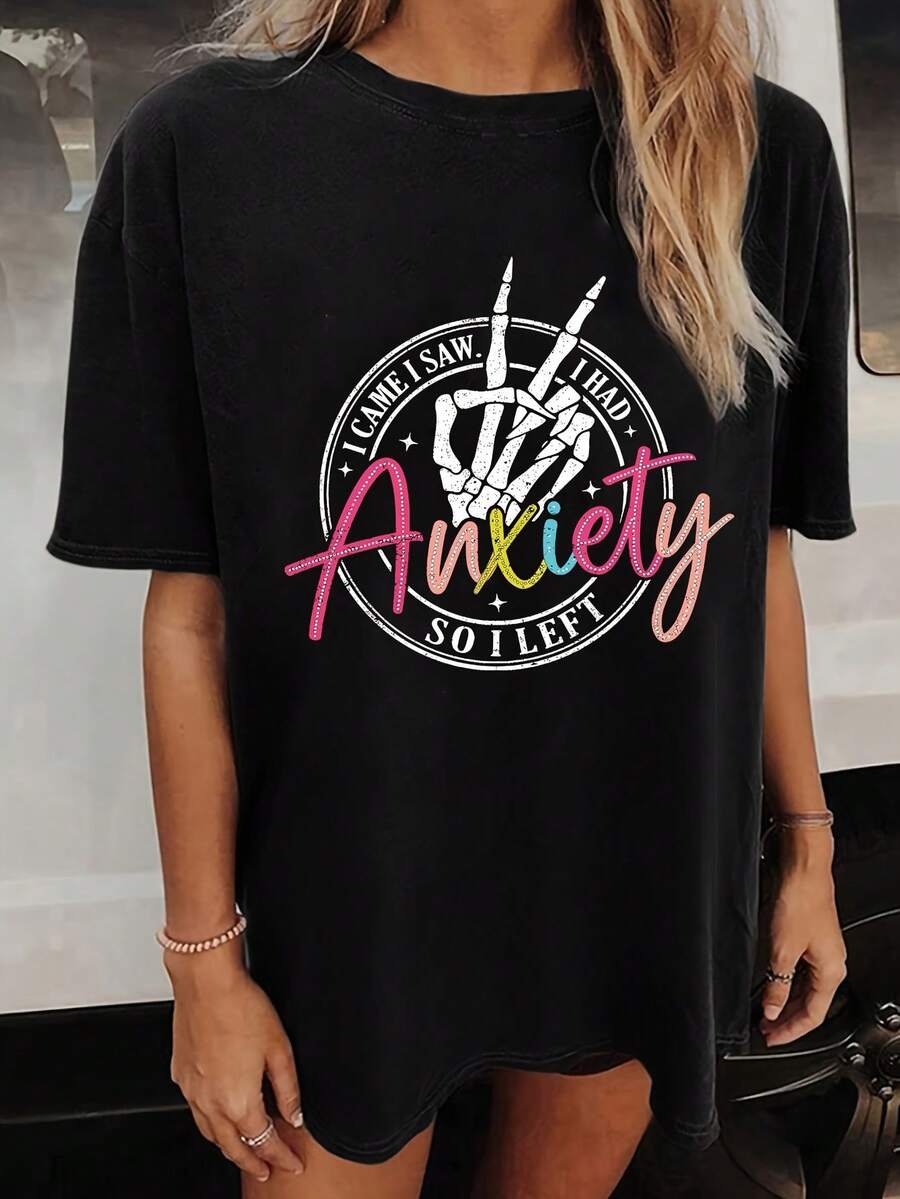 Women's Off-The-Shoulder Short-Sleeve T-Shirt With Skeleton Print: "I Came, I Saw, I Got Anxious, So I Left." Casual Spring And Summer Off-The-Shoulder Short-Sleeve T-Shirt, Women's Clothing - 黑色 - 查看 1