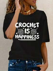 1 pieza Camiseta de manga corta para mujer "Crochet Is Happiness 955 Pack", diseño novedoso con cuello redondo, estilo casual, divertido, con estampado gráfico, 100% algodón, 180g, 100% algodón, los diseños están impresos. Unisexo. - Negro - Ver 7