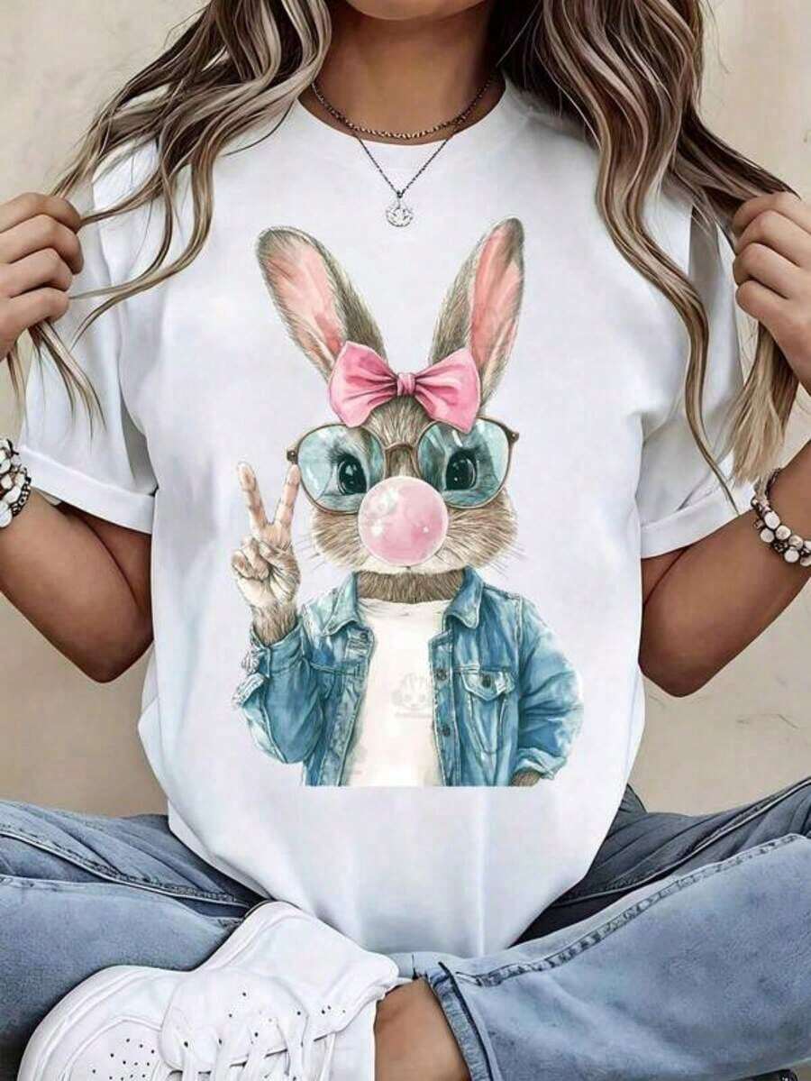 Women's T-Shirt With Graphic Design Of Easter Bunny With Pink Bow And Sunglasses Blowing Bubble Gum, 100% Cotton, Round Neck, Casual, Soft And Comfortable For Spring And Summer - 白色 - 查看 1