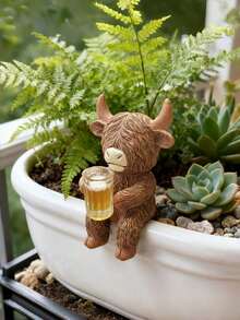 4pcs/1pc Highland Cow Statue Planter Decor, Highland Cow With Wine Glass Design, Cute Planter Accessories Resin Frog Statue Fairy Garden Aesthetic Plant Decor, Suitable For Garden, Yard, Lawn Decor Enthusiasts - A - View 9