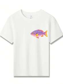 Colorful Tropical Fish Print Girls' Short Sleeve T-Shirt. 180g Comfy Fabric, Round Neck For Spring And Summer. Perfect For School, Casual Wear, Partie - 白色8 - 查看 2