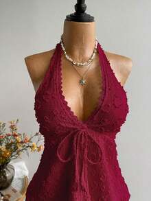 Conjunto de Playa Casual sin Espalda para Mujer, Estilo Bohemio, para Vacaciones, Festival de Música Hawaiana, Vacaciones Tropicales, Top Halter de Verano - Burdeos - Ver 4