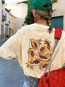 Camiseta de manga corta de cuello redondo con estampado de papaya, de moda minimalista y versátil, adecuada para mujeres,Camisetas Gráficas de Verano para Mujer - Albaricoque - Ver 2