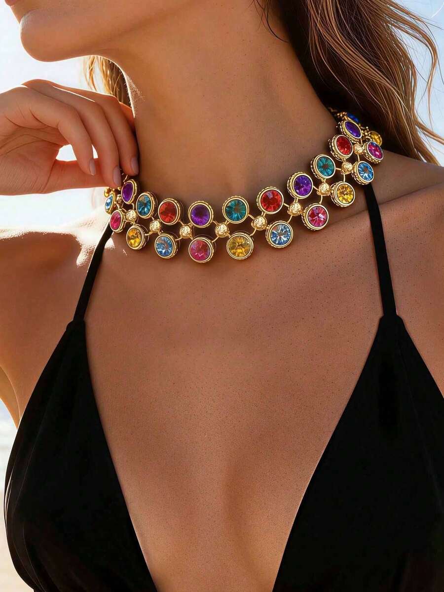 1pc Women's Exaggerated Party Style Colorful Crystal Glass Necklace, Vintage Gold Rim Multi-Color Rhinestone Choker Necklace, Suitable For Beach, Music Festival, Evening Gala - Multicolor - View 1