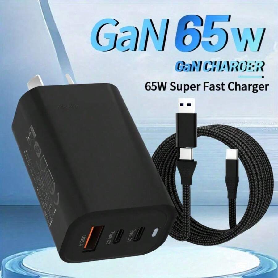 快速充电 GaN 墙式充电器 65W USB-C 充电器,包含 1.5 米二合一数据线,GaN 三端口快速充电器,支持 PD/PPS/QC 3.0 快充协议,可折叠墙式充电器,兼容笔记本电脑、Galaxy S25/S24/S23/S22、Note 20/10 等多种设备,阵亡将士纪念日夏季启动 - 查看 1
