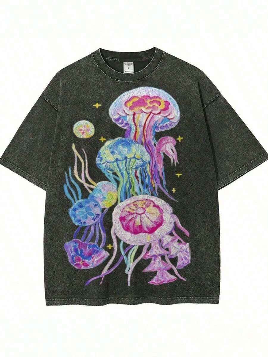 Unisex Washed T-Shirt With Medusa Revenge Print | High-Quality Batik, Retro Style, Casual, Round Neck, Flared Hem, Short Sleeves, Perfect For Spring/Summer/Autumn, Ideal Holiday Gift, Summer Outfits For Women, Blouses For Women. - 風格 - 查看 1