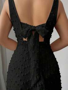 de punto texturizado sin mangas con cuello cuadrado, diseño de lazo en la espalda abierta, elegante vestido ajustado para fiesta - Negro - Ver 4