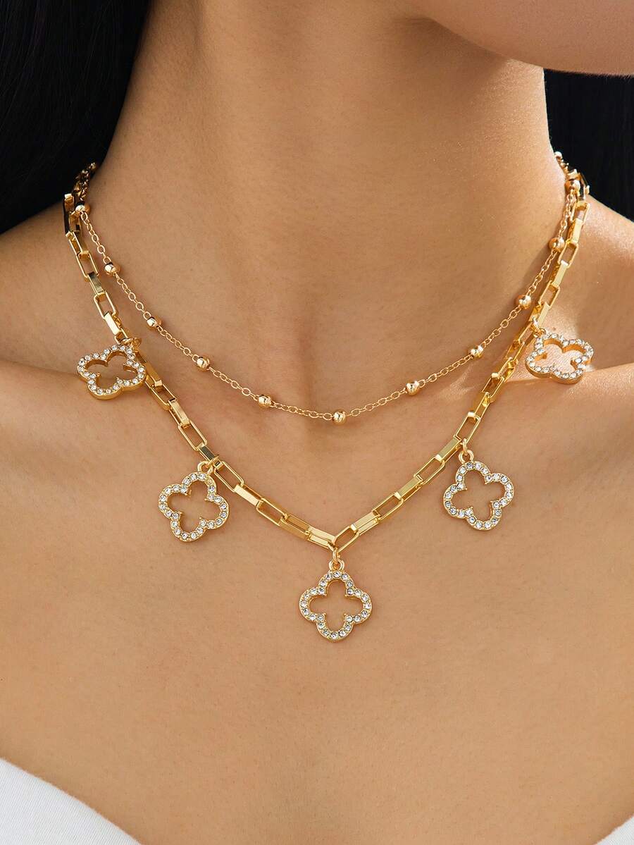 1pc Luxury Elegant Bohemian Style Shiny Golden Hollow Clover Pendant Multilayer Necklace For Women - Yellow Gold - View 1