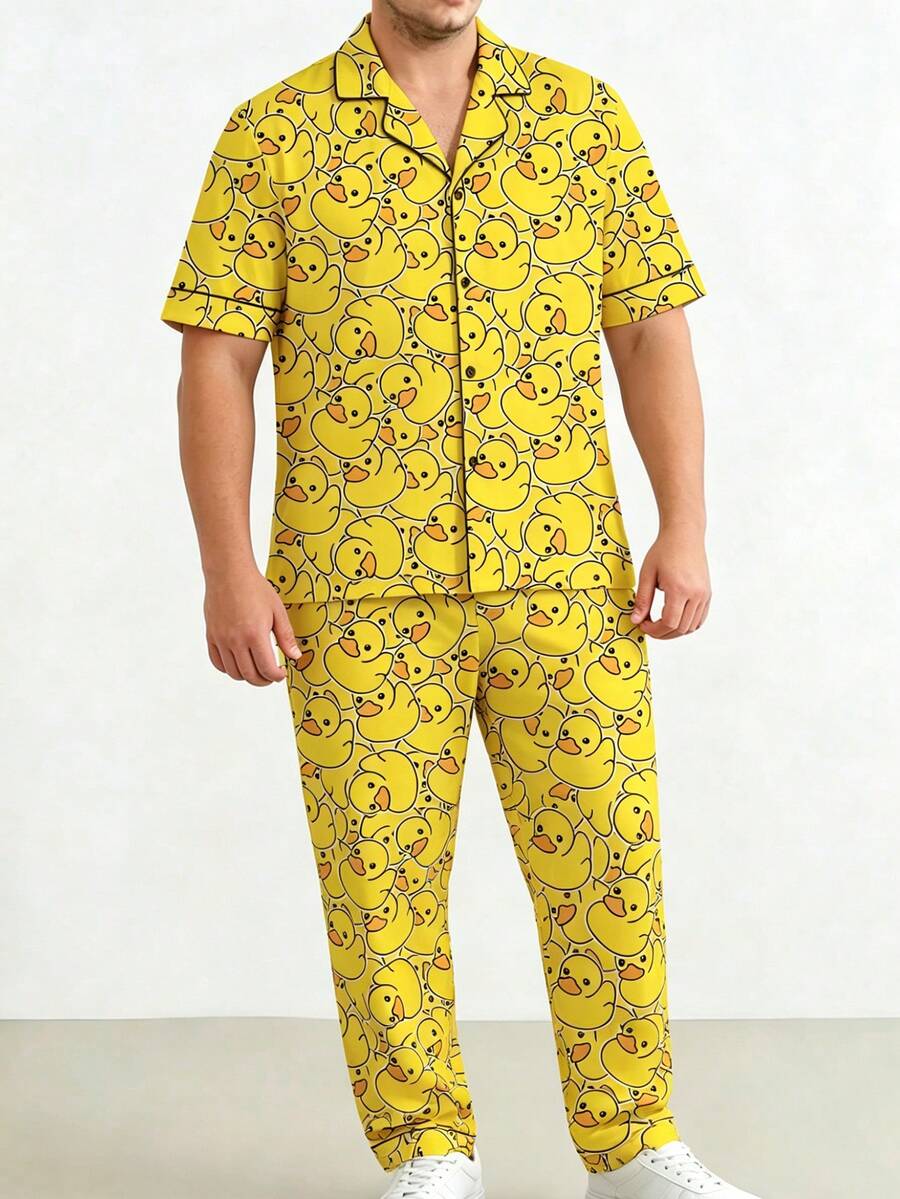 Plus Size Men's Lightweight Allover Print Duck Short Sleeve Pajama Set - Multicolor - View 1