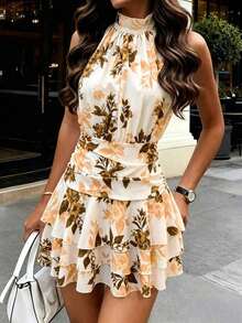 Vestido elegante y romántico de cuello halter, cintura ajustada, vestido corto con volantes plisados en albaricoque y blanco, nuevo vestido de primavera/verano, vestido para cita de San Valentín, vestido casual de vacaciones, vestido románt - Multicolor - Ver 8