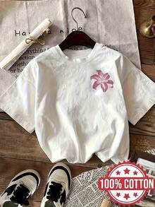 100% Pure Women's Short-Sleeved T-Shirt; With Six Floral Patterns Printed; Women's Holiday Wear; Comfortable And Breathable; Women's Casual Short-Sleeved Tops; Women's Lounge Pajamas - T-Shirt Damen - White - View 7