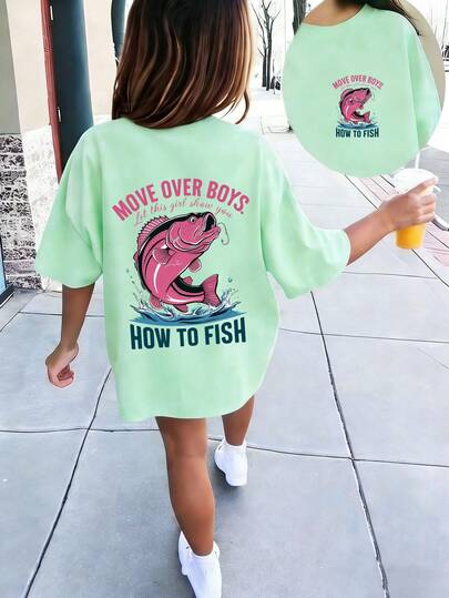 Tween Girls' Casual Graphic Print Crew Neck Short Sleeve T-Shirt, Summer Top