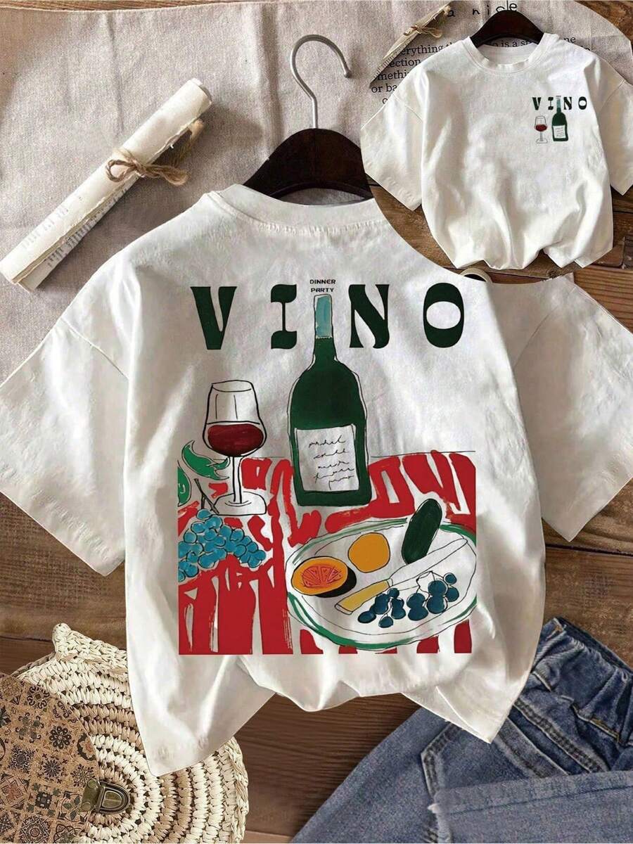 Women's Beer & Food Print T-Shirt Suitable For - Short Sleeve Top With Front/Back Double-Sided Beer Mug & Food Patterns, Soft Stretch, Lightweight - White - View 1