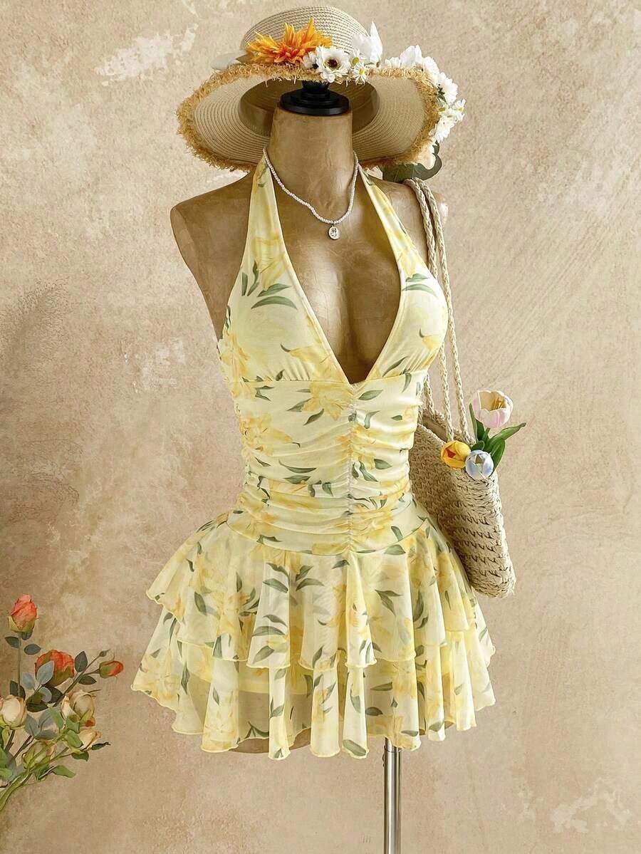 Vestido mini para mujer con estampado floral romántico para el Día de San Valentín, ideal para vacaciones, tarde de té o playa - Multicolor - Ver 1