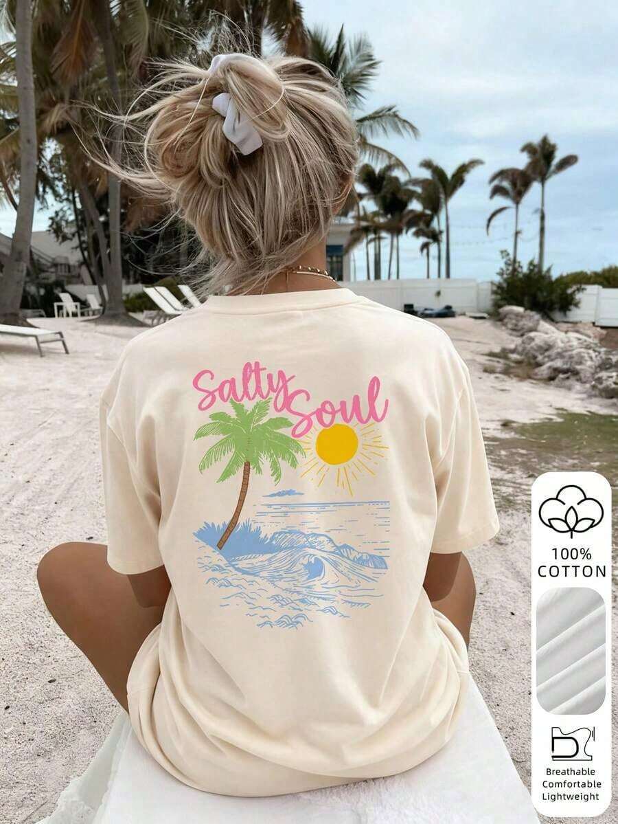 Camiseta de mujer "Salty Soul" con estampado de playa, con diseño de palmeras, sol y olas impresas en la espalda, 100% algodón, transpirable y cómoda, estilo vacaciones en la playa, adecuada para días de playa, vacaciones de verano y moda casual de playa - Estilo vintage urbano unisex, blusa de algodón holgada de manga corta y cuello redondo para mujer. blusas.blusas casuales para dama. - Albaricoque - Ver 1