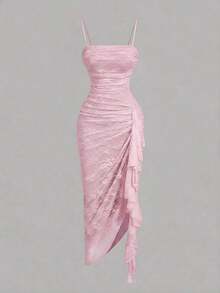 Vestido de mujer con estampado de mariposa vintage con teñido anudado, volantes fruncidos y bajo asimétrico, ideal para el Día de San Valentín, carnaval, cóctel, cena, baile de graduación, cumpleaños, verano y fiestas - Rosa Pálido - Ver 2