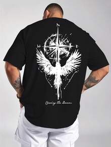 Men's Casual Crew Neck T-Shirt - Eagle And Compass Graphic Print, Short Sleeves, 100% Regular Fit, Slightly Stretchy And Breathable Fabric, Machine Washable For Casual Wear And Family Outfits, Available In Plus Sizes. Loose And Comfortable For Summer. - Black - View 11
