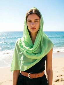 1 pieza Bufanda de poliéster de unicolor casual, chal largo versátil para primavera/otoño, calentador de cuello, cubierta de playa, para todas las estaciones - Verde - Ver 3
