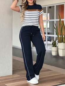 Conjunto informal de 2 piezas para primavera/verano, con top de manga corta de color contrastante y pantalones de cintura ceñida de unicolor. Ajuste favorecedor y cómodo apto para uso diario - Negro - Ver 8