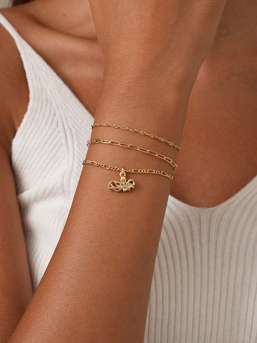 Nooxian 3pcs/Set Women Bracelets Set, Bohemian Summer Beach Style, Includes Golden Electroplated Multi-Layer Basic Chain, Wave Chain, Paper Clip Chain, Figaro Chain, Copper Zirconia Octopus Pendant, Multi-Layer Stacking Bracelets, Ocean Series Jewelry Gift - Yellow Gold - View 1