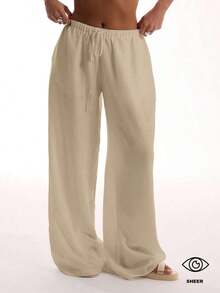 Pantalones de lino con textura, con cintura de corbata, para vacaciones de verano, elegantes, bohemios, casuales, para el aeropuerto, de primavera - Beis - Ver 12