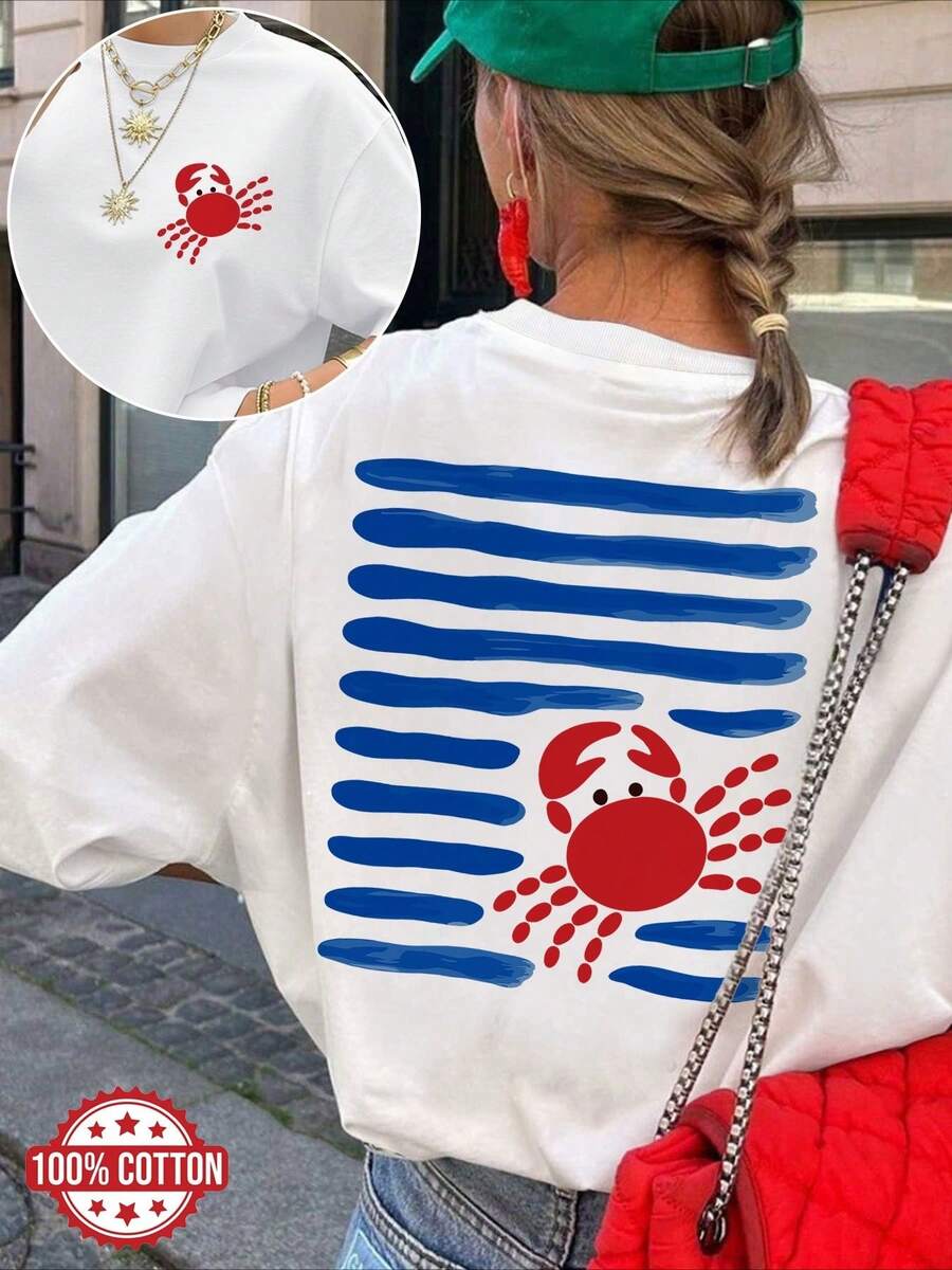 [Double Side Print] Spring/Summer Women's Loose Fit Tops With Simple Cartoon Crab Print, Short Sleeves, Round Neck, Pure Cotton, Drop Shoulder Oversized T-Shirt [Lang]-T Shirt Damen - White - View 1