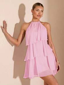 Vestido corto de gasa con hojas de loto en cascada de color rojo sólido, adecuado para citas diarias, salidas nocturnas, discotecas, fiestas, reuniones, fiestas de cóctel, fiestas de piscina, ropa de vuelta al colegio, vestidos de temporada esco - Rosa Pálido - Ver 8