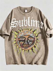Retro Sun Face Skull Print, SUBLIM Band Style Free Theme Loose Short Sleeved Shirt Vintage Washed CottonT-Shirt Crew Neck Soft Tee For Men Women - 咖啡棕 - 查看 6