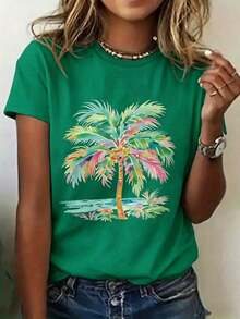 Nueva Camiseta Casual de Verano con Estampado de Palmeras Coloridas para Mujer - Camiseta Blanca Casual con Diseño Tropical, Hojas Vibrantes en Verde, Rosa y Azul, Perfecta para el Estilo de Playa de Verano - Disponible en Tallas S, Tejido de Algodón Cómodo para Uso Diario, Regalo Ideal para Amigas y Familiares. Camiseta de Manga Corta Holgada con Efecto Lavado, Estilo Urbano, Unisex, para Primavera/Verano/Otoño, Atuendo para el Día de San Valentín, Conjuntos de Verano en Camisetas Bonitas para Mujer - Camiseta Vintage de Estilo Urbano Unisex de Algodón, Manga Corta y Cuello Redondo. - Verde - Ver 6