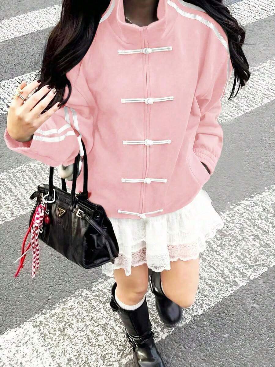 Cárdigan de punto negro de moda para mujer, de manga larga, con detalle de rayas laterales, forro cálido, longitud regular para primavera - Rosa Pálido - Ver 1