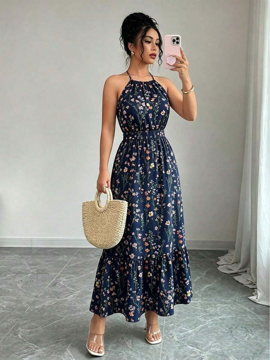 Vestido casual para mujer con camiseta estampada y cintura elástica - azul real - Ver 1