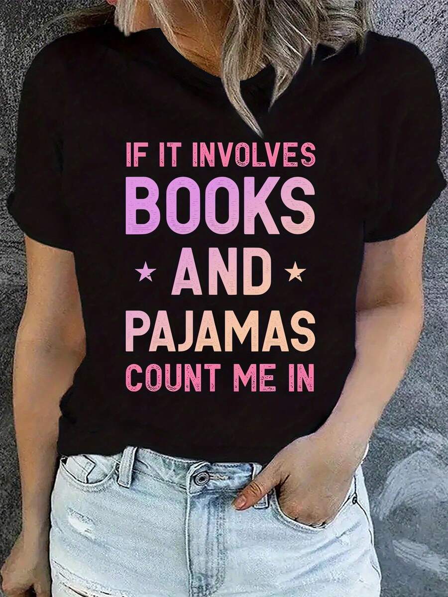 OversizeSlim Plus Size - Camiseta Casual de Talla Grande para Mujer - Estampado "Si se trata de libros y pijamas, estoy en ello", negra, de manga corta, cuello redondo, tela cómoda, adecuada para todas las estaciones, camiseta de corte holgado. | Camiseta con Estampado Optimista | La tela elástica es linda. - Negro - Ver 1