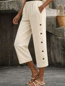 Women's Casual Button Decor Slant Pocket Loose Pants - Beige - View 2