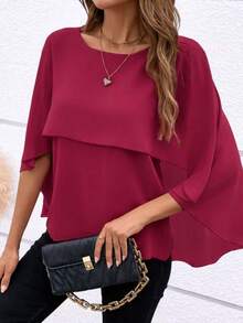 Women's Casual Batwing Sleeve Top, Solid Color, Suitable For Spring, Summer, Autumn - Red - View 1